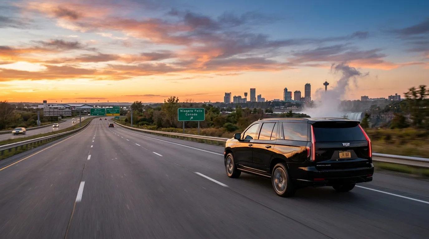 Luxury Buffalo Airport limo travelling to Niagara Falls for a comfortable cross border transfer.