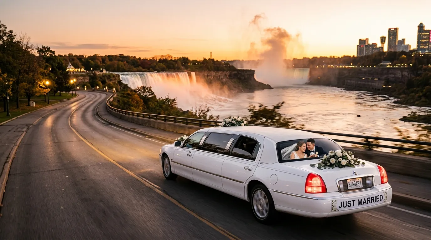 Luxury wedding limo leaving a Niagara Falls venue after the ceremony.