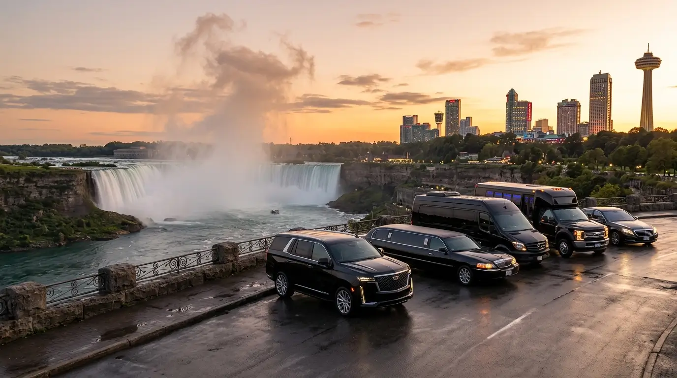Luxury black limousine ready for airport transfers, weddings, winery tours, corporate travel, and private events in Niagara Falls.