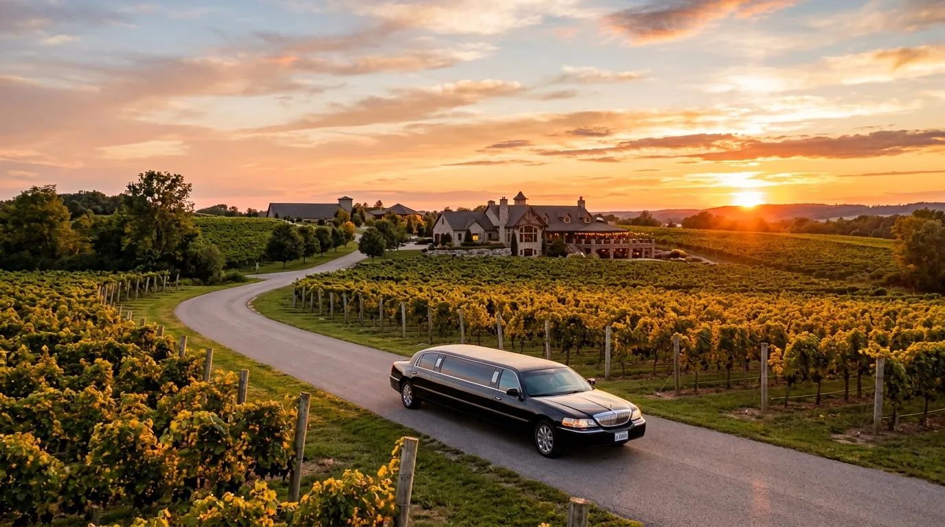 Luxury winery tour limo travelling through Niagara wine country at sunset.
