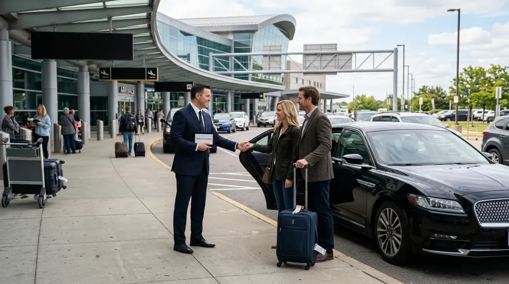Professional chauffeur meeting passengers for a Buffalo Airport limo pickup