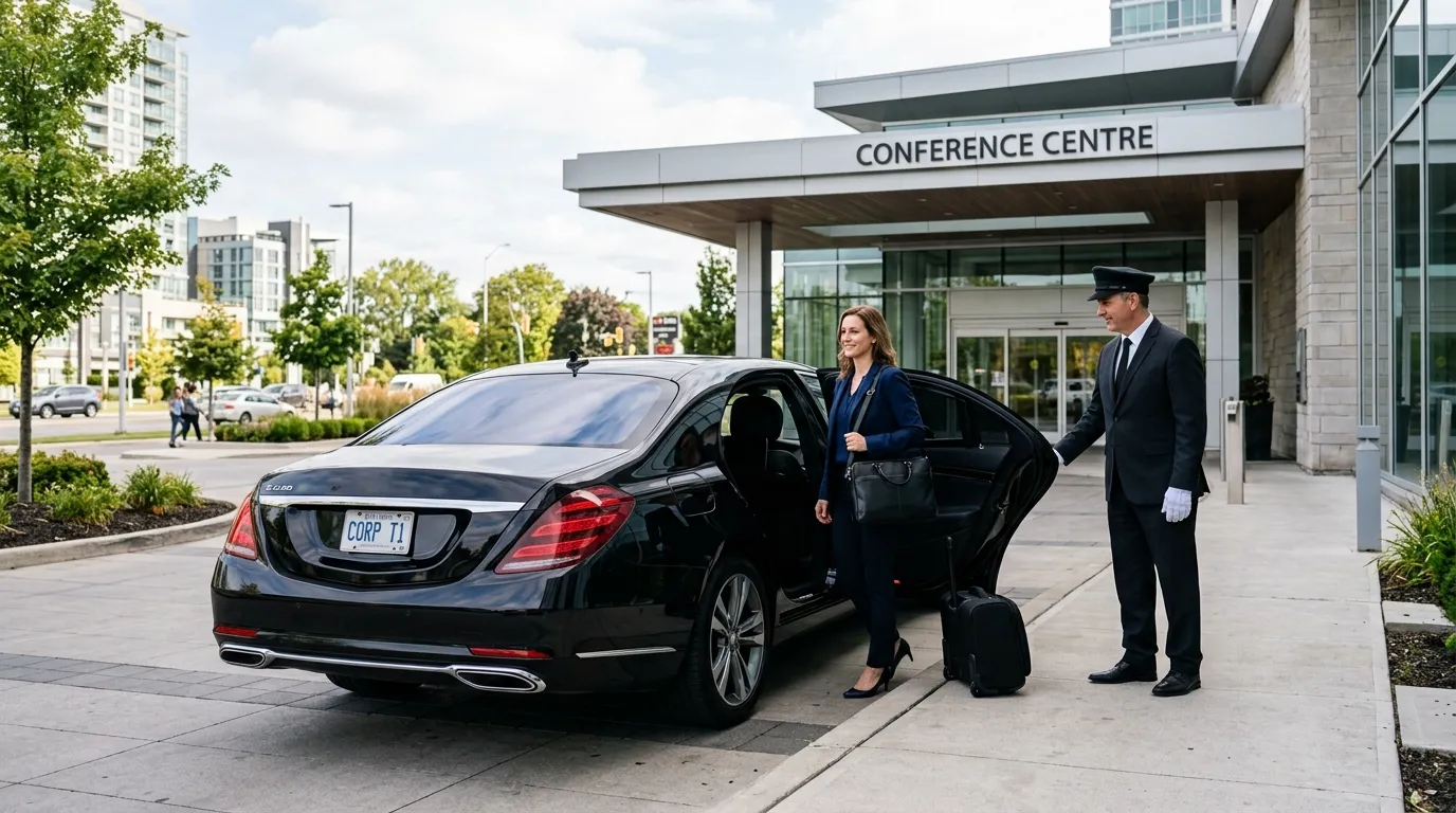 Executive traveller entering a black luxury sedan for professional corporate limo service in the Niagara Region.