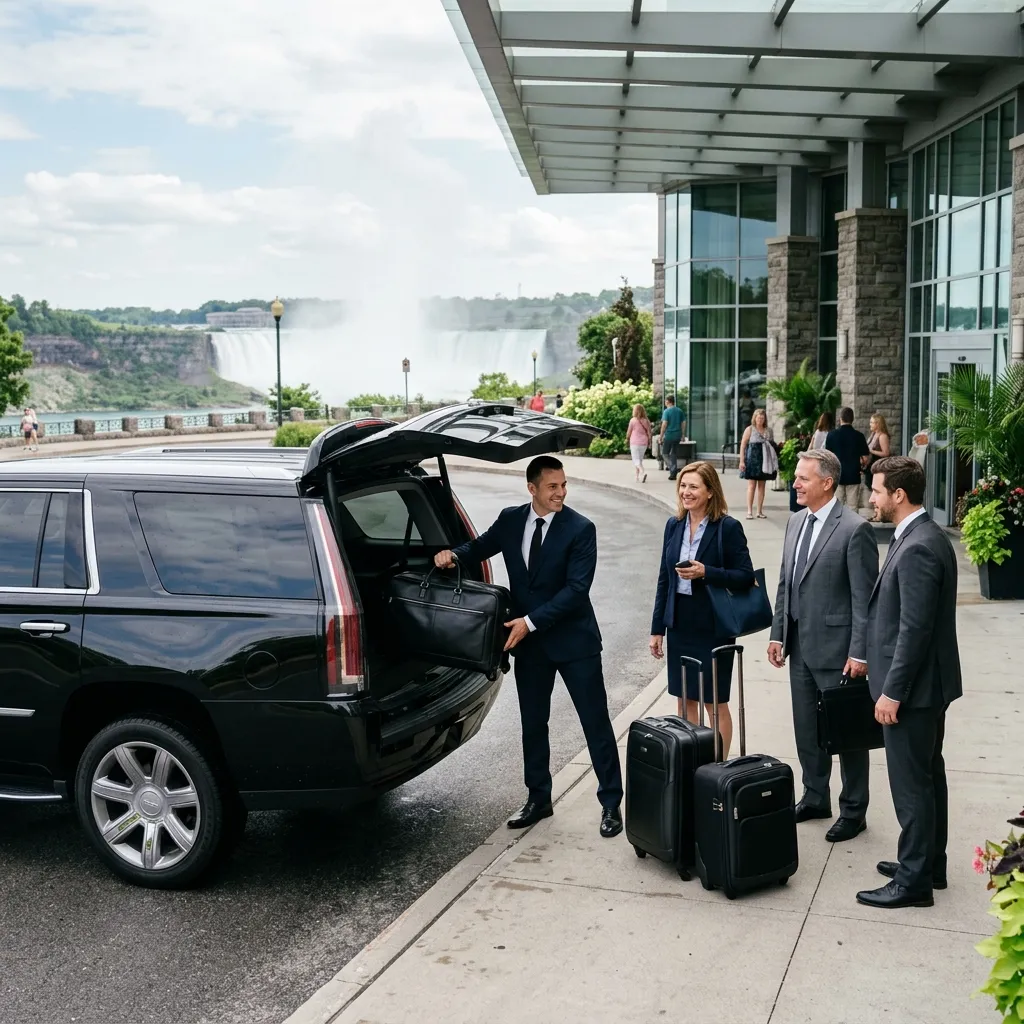 Corporate travellers using a luxury limousine service at a Niagara Falls conference hotel.