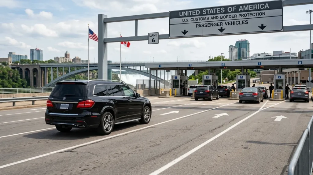 Private limo travelling from Buffalo Airport through the Canadian border to Niagara Falls