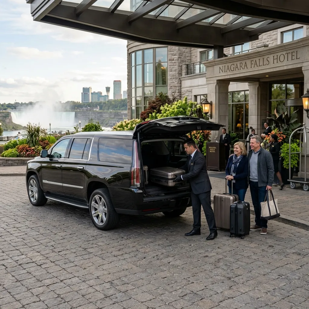 Professional chauffeur assisting passengers during a Niagara Falls airport limousine transfer.
