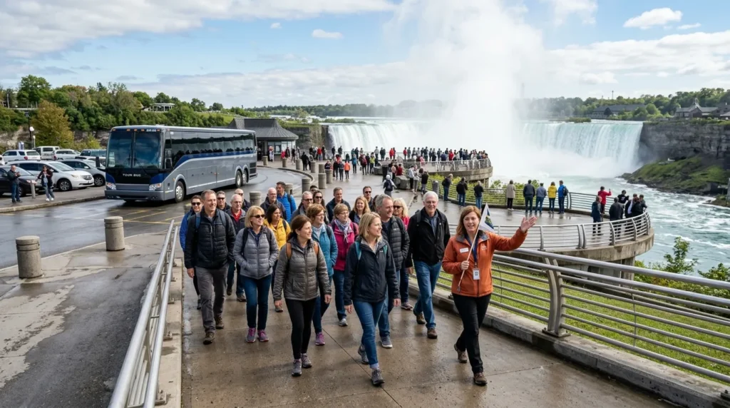 Travellers joining a guided group sightseeing tour at Niagara Falls Canada