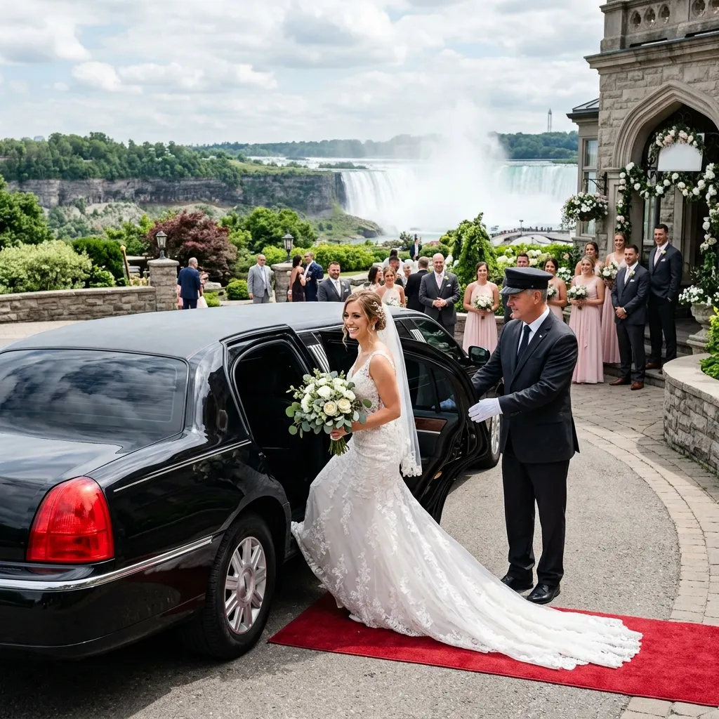 Professional chauffeur assisting a bride into a wedding limousine in Niagara Falls.