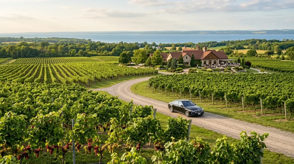 Luxury sedan travelling through Niagara-on-the-Lake wine country