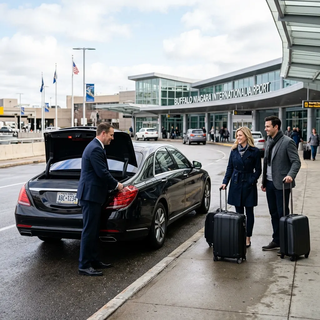 Professional chauffeur helping passengers with luggage during a private Buffalo Airport limousine transfer.