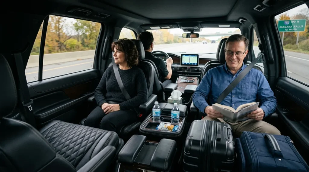 Passengers enjoying a comfortable private transfer from Buffalo Airport to Niagara Falls