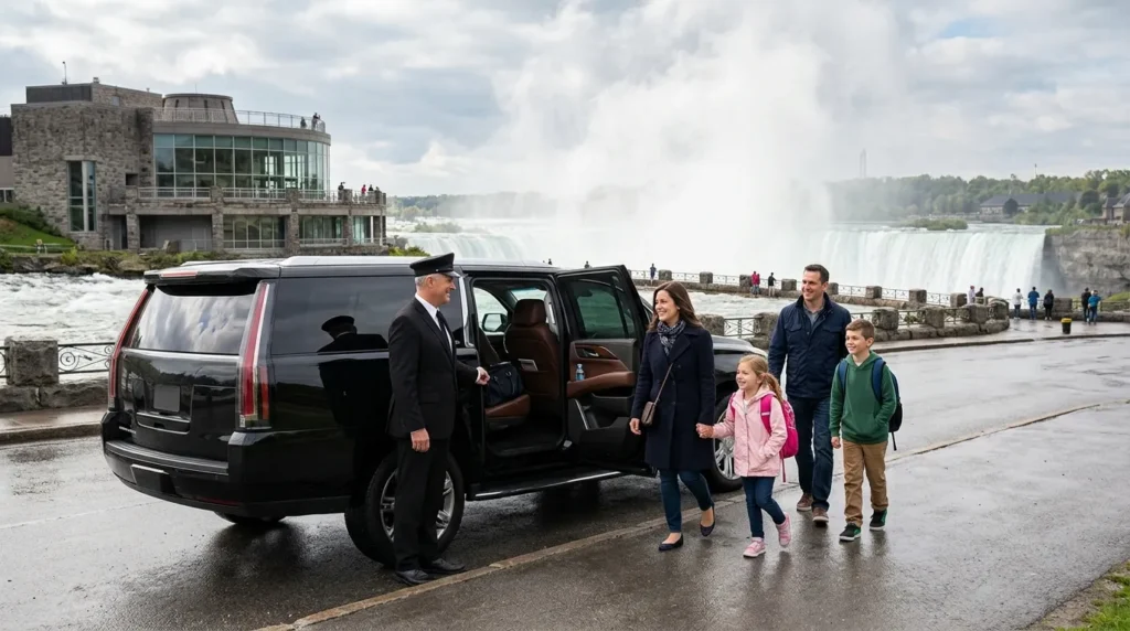 Family beginning a private Niagara Falls limo tour near Horseshoe Falls