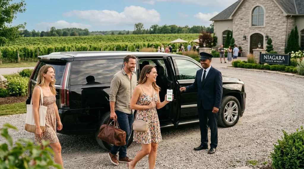 Professional chauffeur welcoming guests for a private Niagara-on-the-Lake winery limo tour
