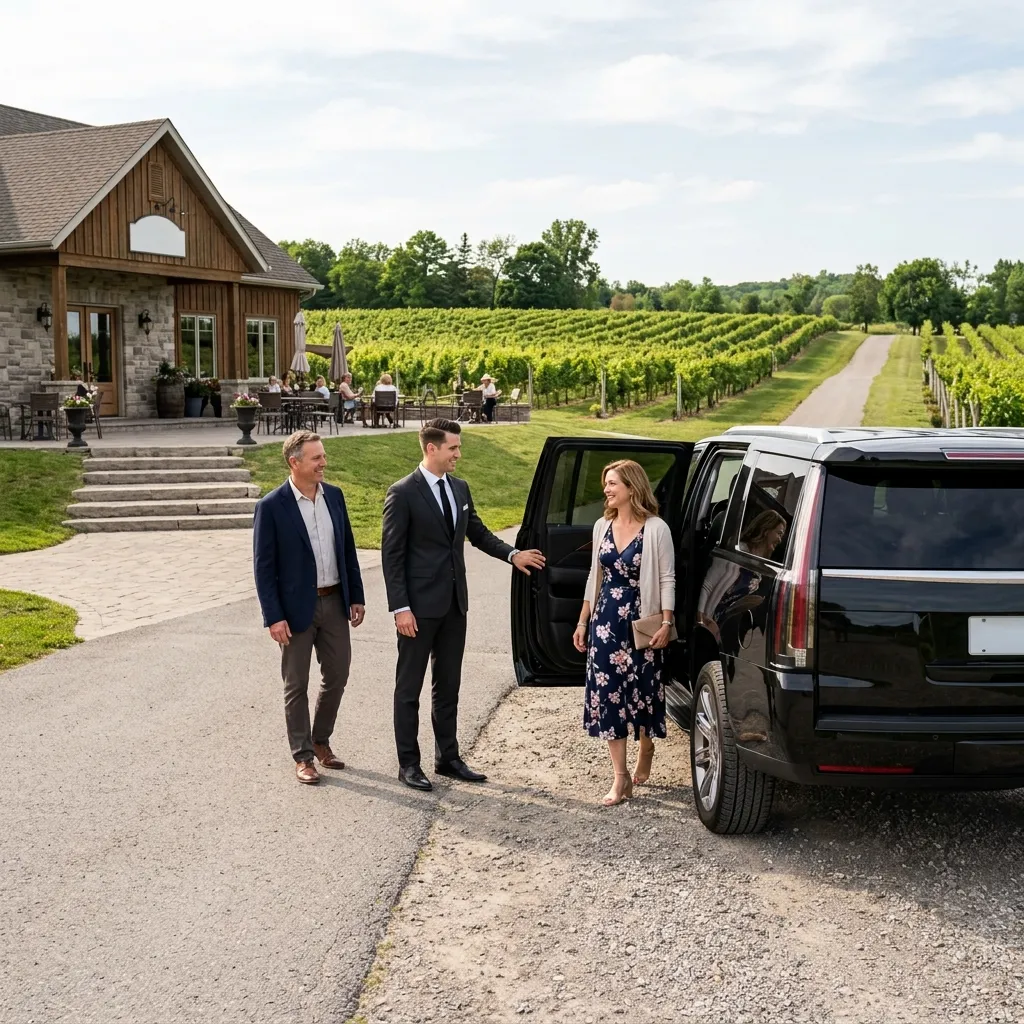 Professional chauffeur welcoming guests for a private Niagara Falls winery limo tour.
