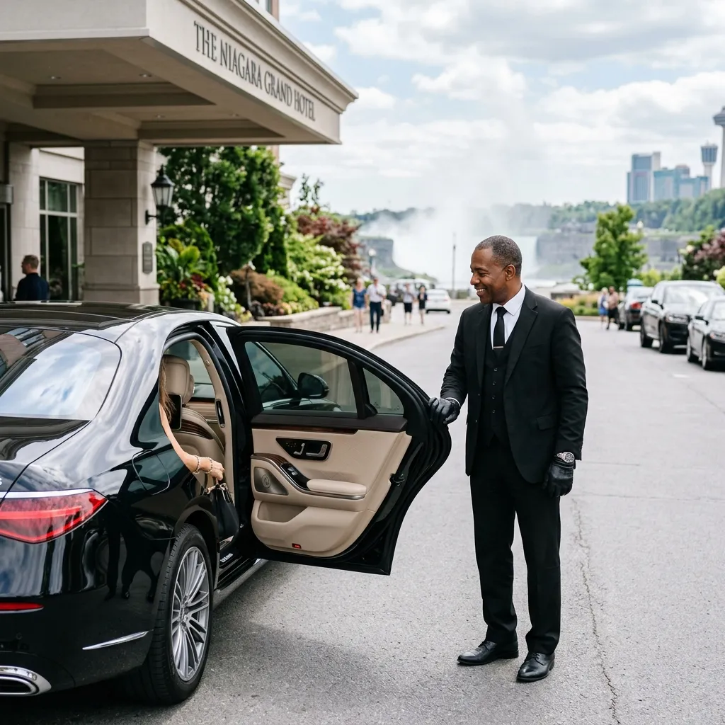 Professional chauffeur opening a luxury sedan for passengers using Niagara Falls limousine service near a local hotel.
