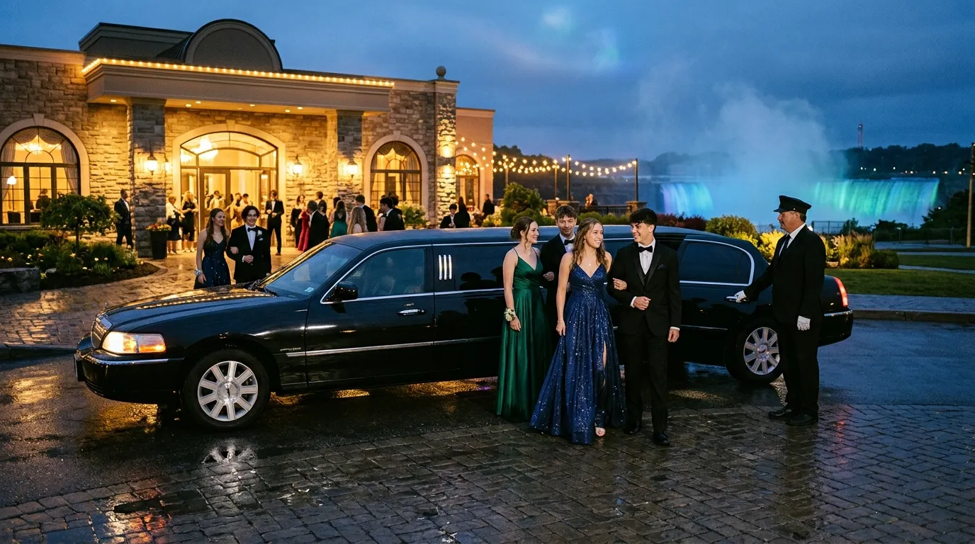 Students beside a black stretch limousine with a professional chauffeur for prom transportation in Niagara Falls.