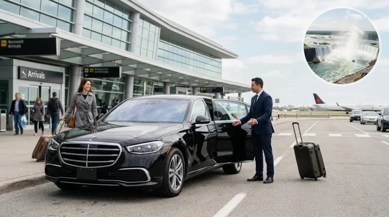 Black Toronto Airport to Niagara Falls limo with chauffeur outside Pearson Airport