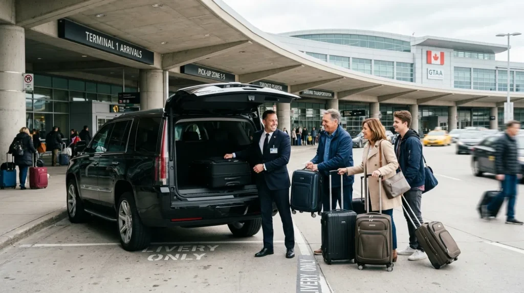 Professional chauffeur assisting passengers during a Toronto Pearson Airport limo pickup